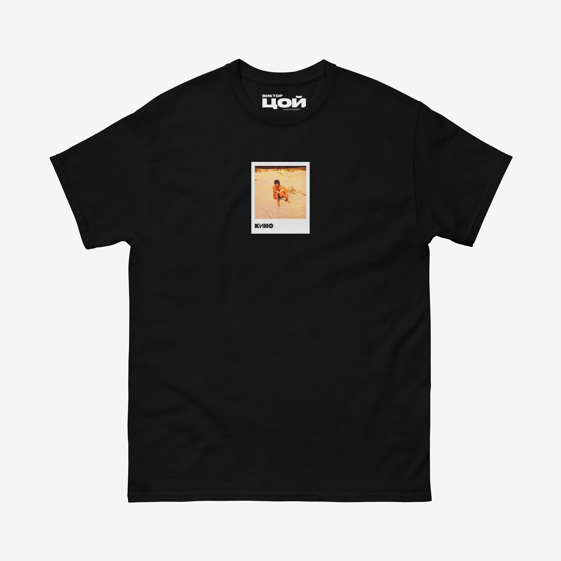Black T-shirt with rare photo of Viktor Tsoi relaxing at the beach. Original KINO band merch from www.kinoband.com