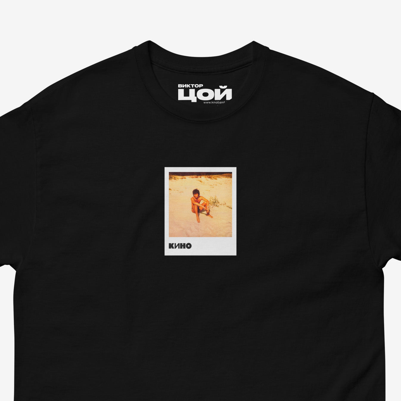 Black T-shirt with rare photo of Viktor Tsoi relaxing at the beach. Closeup photo. Original KINO band merch from www.kinoband.com