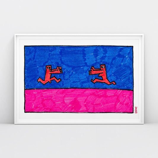 Large poster featuring a rare 1980s Viktor Tsoi painting of two naked figures running towards each other, from www.kinoband.com