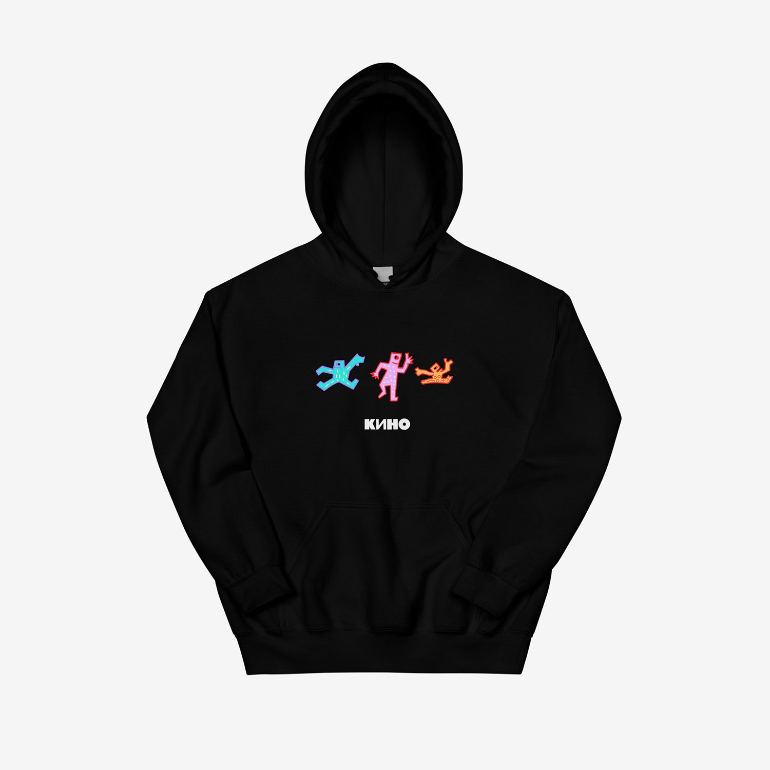 Official black unisex KINO band hoodie featuring an original colorful painting by Viktor Tsoi with a small КИНО logo underneath, with small "Виктор Цой” logo in Cyrillic on the back. Front side. www.kinoband.com