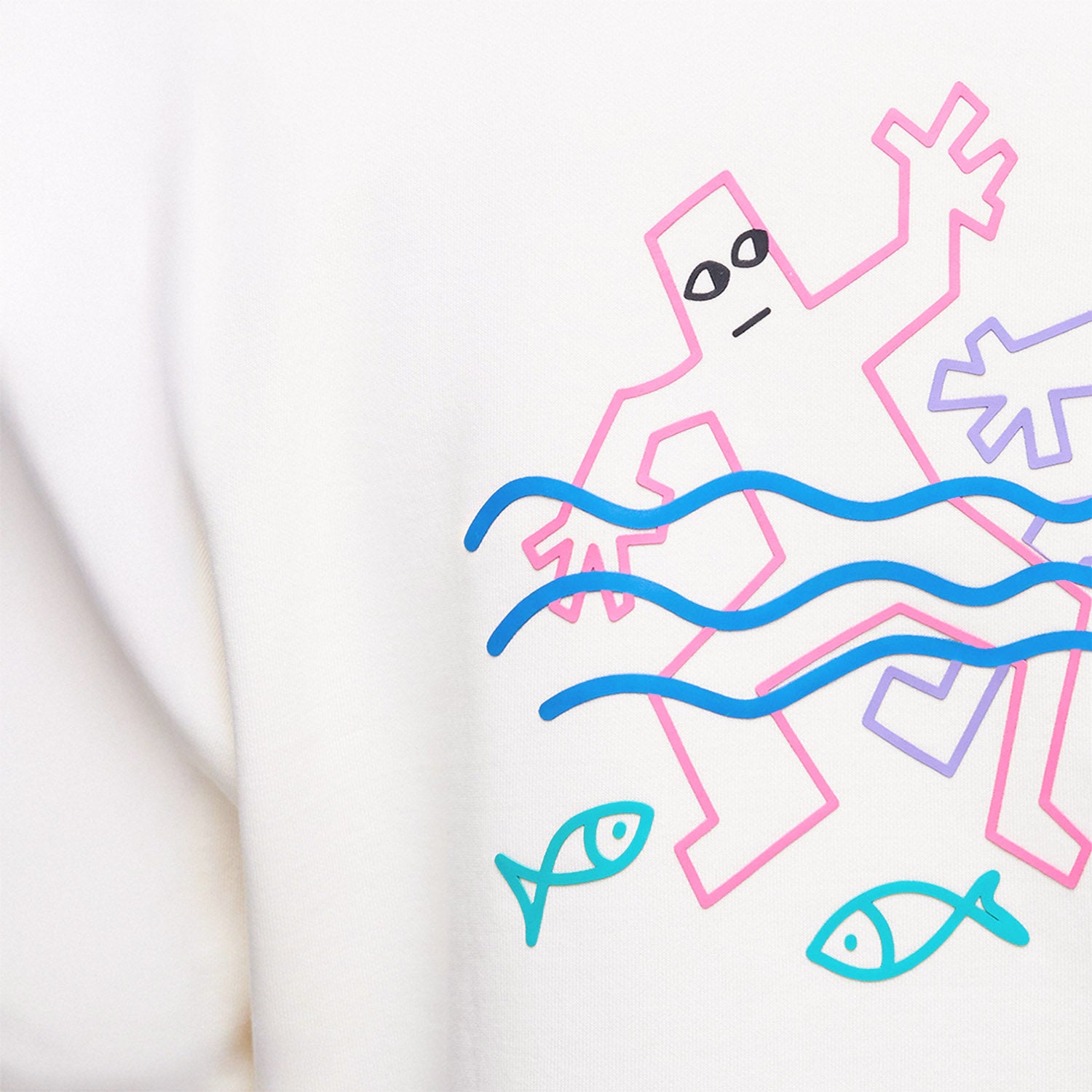Closeup print detailes photo of the official white unisex KINO band sweatshirt featuring original bright painting by Viktor Tsoi called 'Water battle' with two human figures playing in water. www.kinoband.com