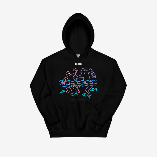 Black unisex official KINO band hoodie featuring original painting by Viktor Tsoi and small КИНО logo above it. With "Виктор Цой” logo in Cyrillic on the back neck side. Front side photo. www.kinoband.com