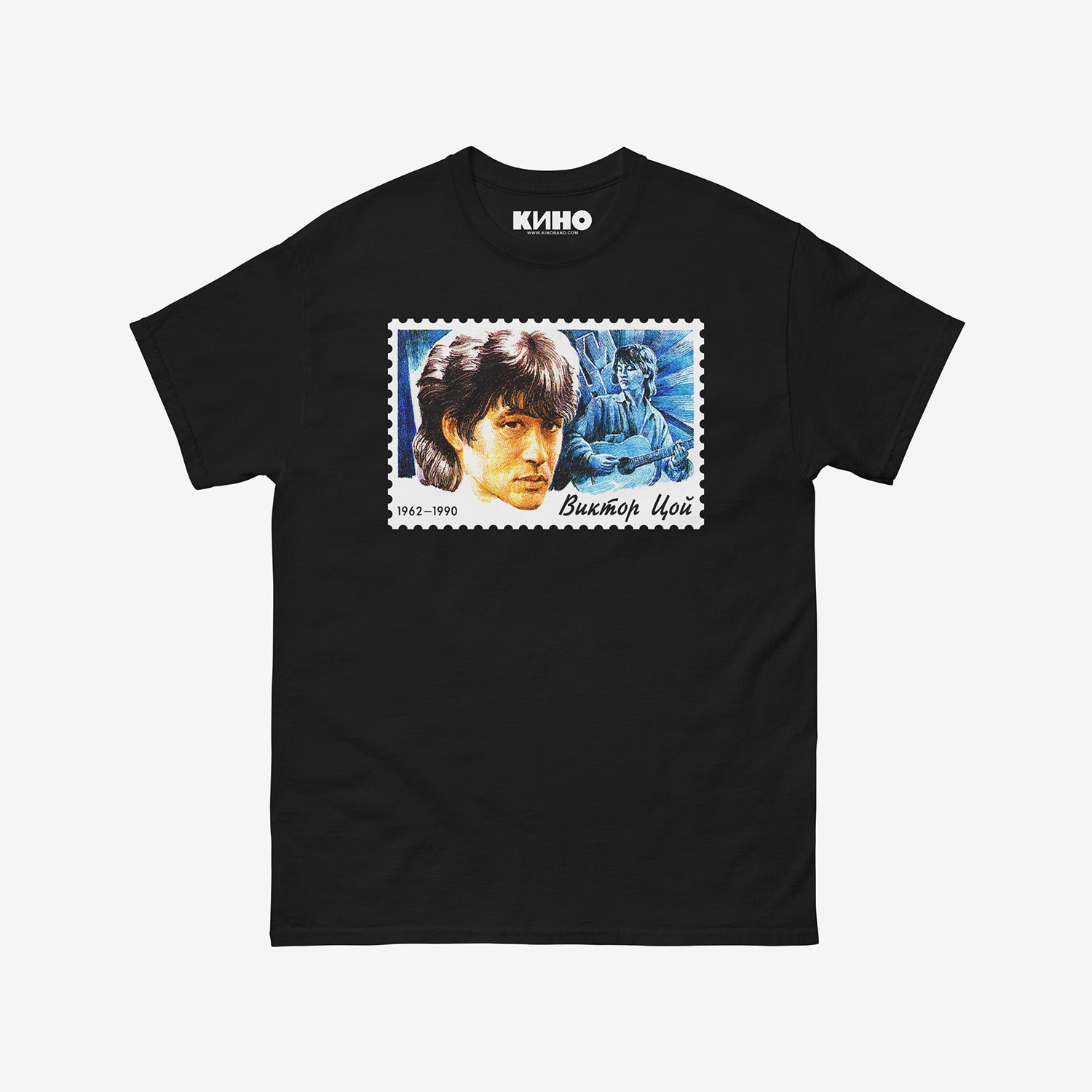 Official KINO band black unisex shirt with Viktor Tsoi face postal stamp print. From www.kinoband.com