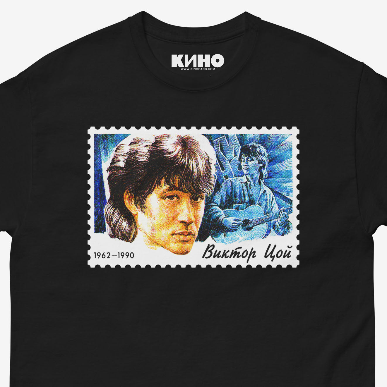 Official KINO band black unisex shirt with Viktor Tsoi face postal stamp print. Closeup photo. From www.kinoband.com