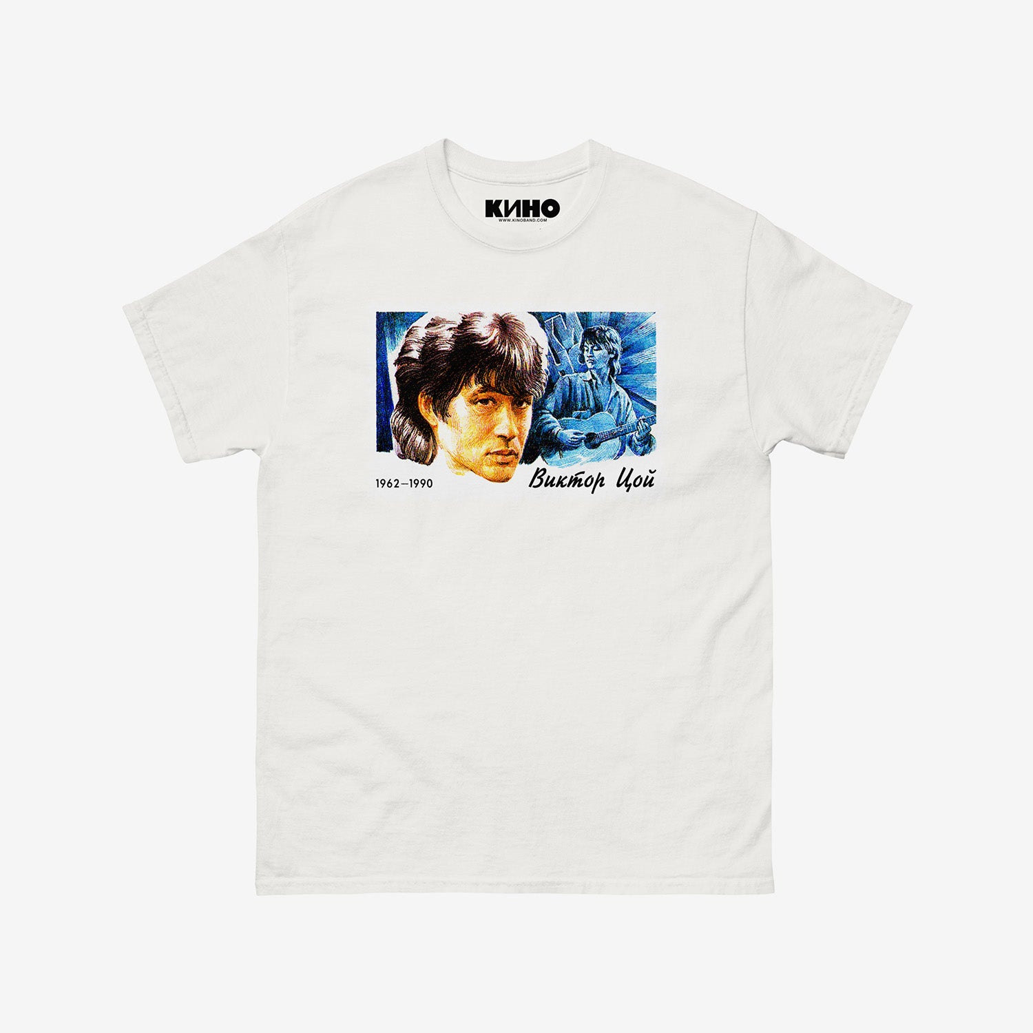 Official KINO band white unisex shirt with Viktor Tsoi face postal stamp print. From www.kinoband.com