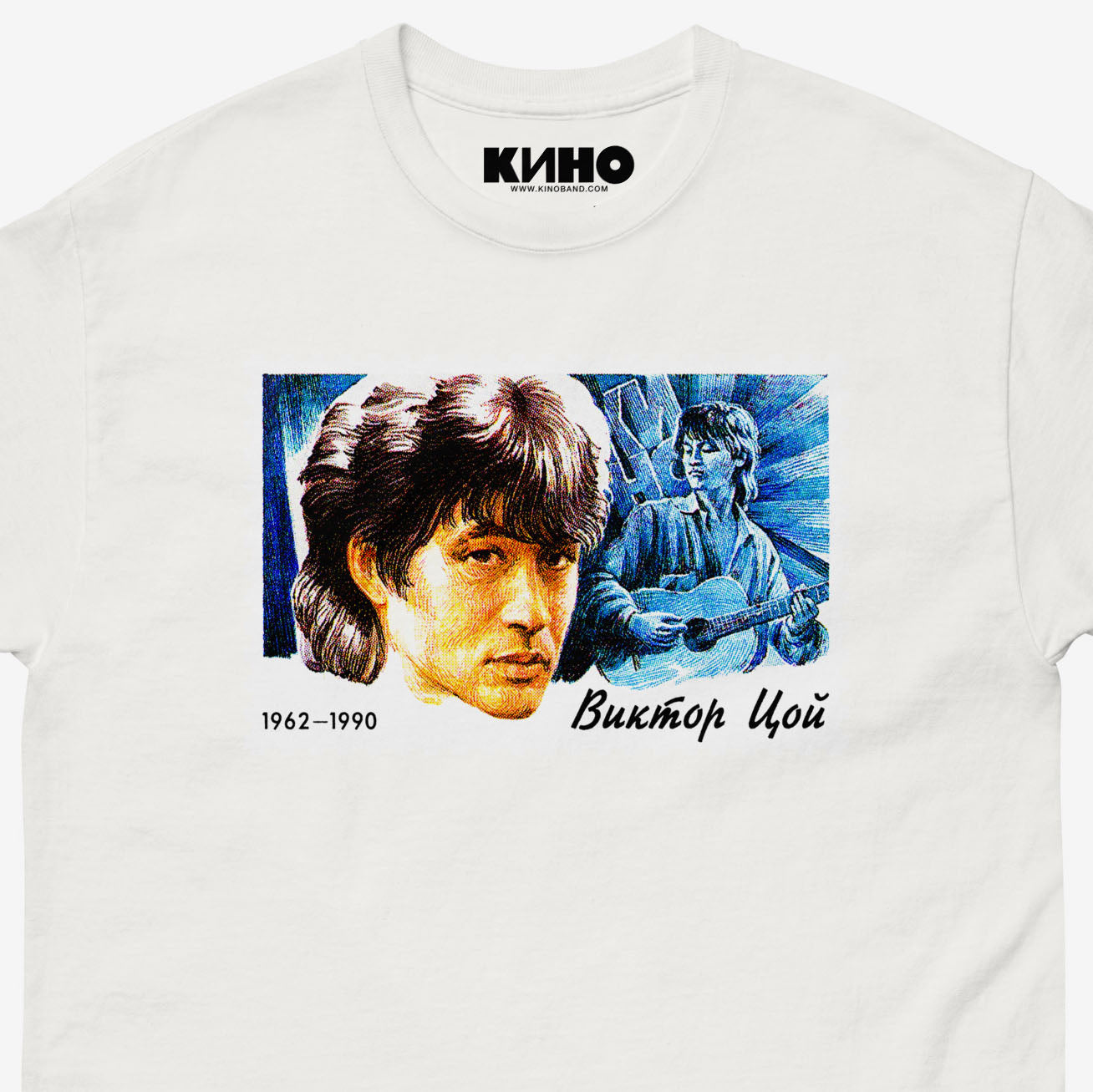 Official KINO band white unisex shirt with Viktor Tsoi face postal stamp print. Closeup photo. From www.kinoband.com